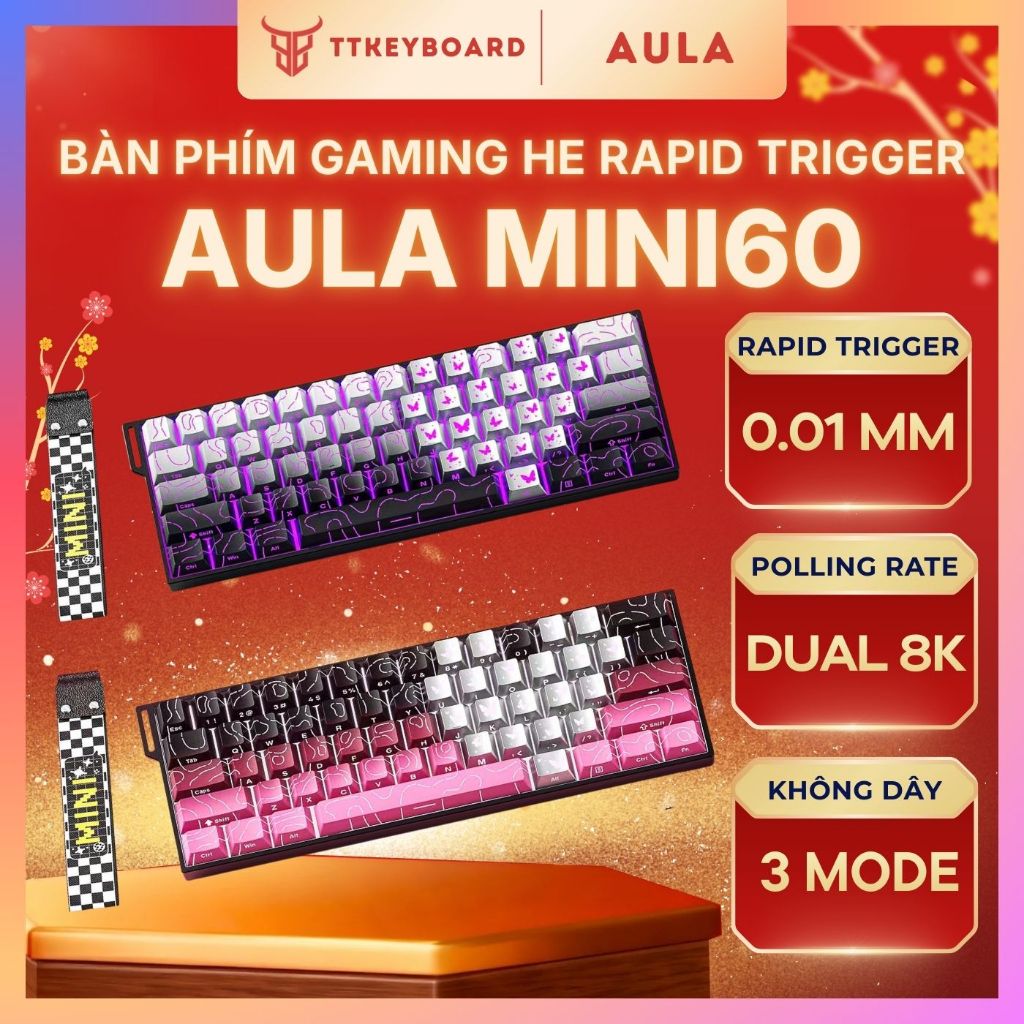 Bàn Phím Cơ Gaming Không Dây AULA Mini60 Rapid Trigger Dongle 8000hz 128k Scan Rate 3 Mode TTK