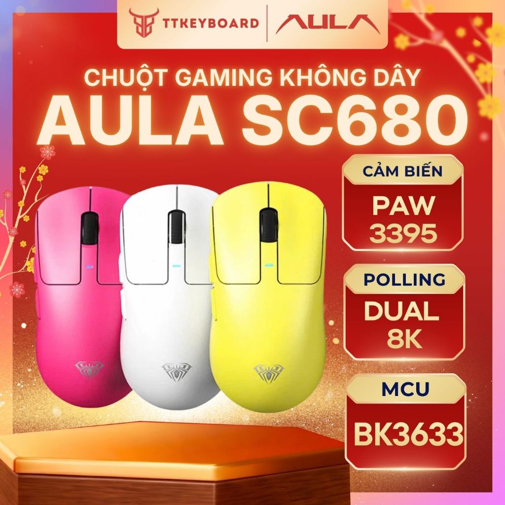 Chuột Gaming Không Dây Aula SC680, 3 Mode Kết Nối, Dual 8K Polling rate, PAW3395, Hiệu Năng Esport
