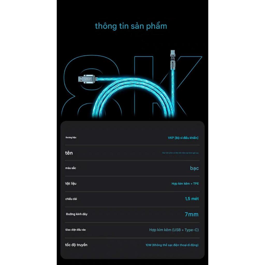 Dây Cáp Xoay 180 Độ 8K Polling Rate (USB A-C) Đa Năng Led RGB Trong Suốt Cho Thiết Bị Gear