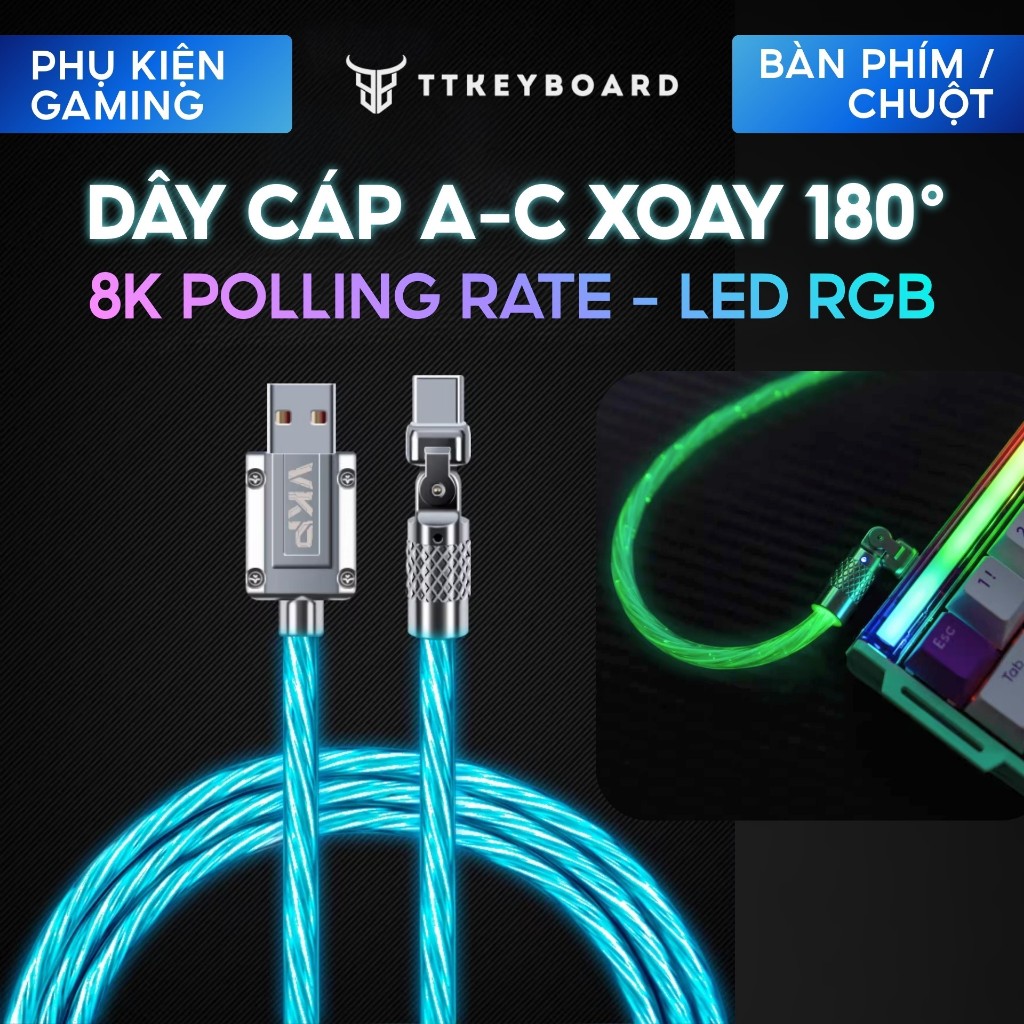 Dây Cáp Xoay 180 Độ 8K Polling Rate (USB A-C) Đa Năng Led RGB Trong Suốt Cho Thiết Bị Gear