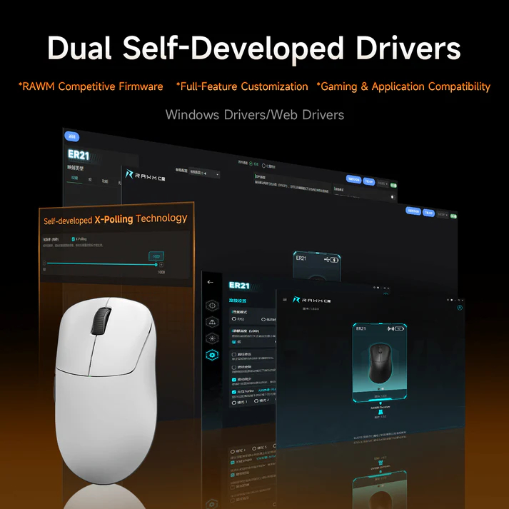 Chuột Gaming Không Dây RAWM ER21 Pro, Paw 3950, Dual 8K Rate, MCU Nordic 52840