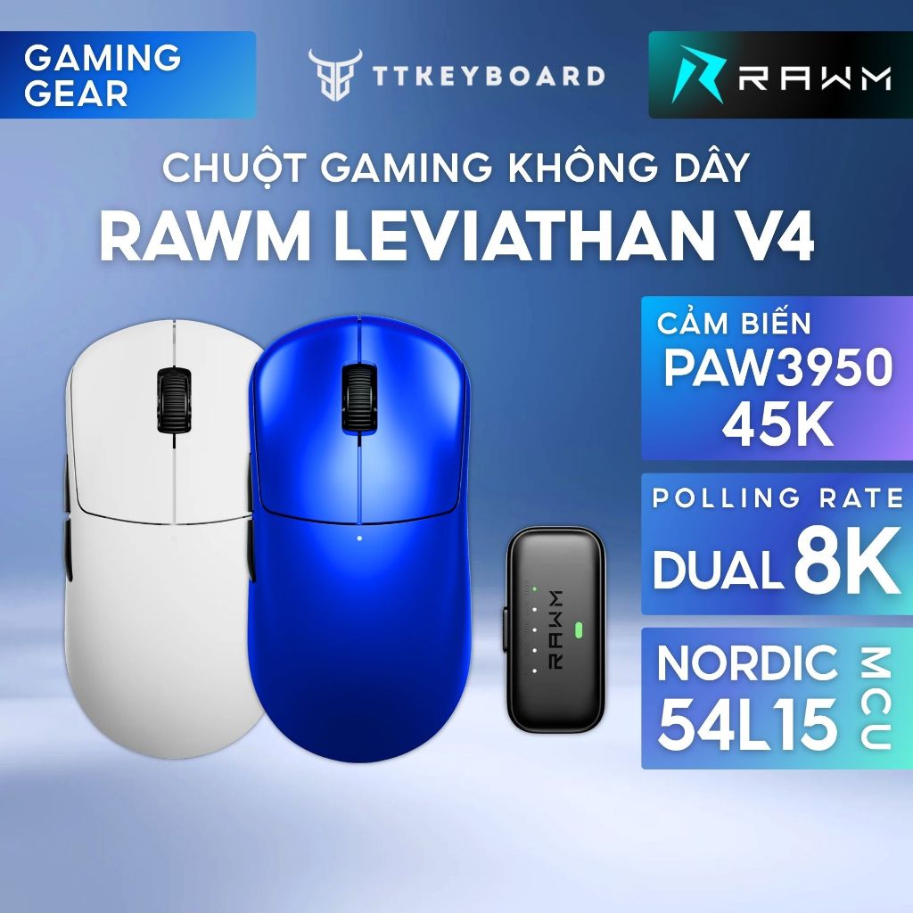Chuột Gaming Không Dây RAWM Leviathan V4, Dual 8K Rate, MCU Nordic nRF54L15, DPI 45000