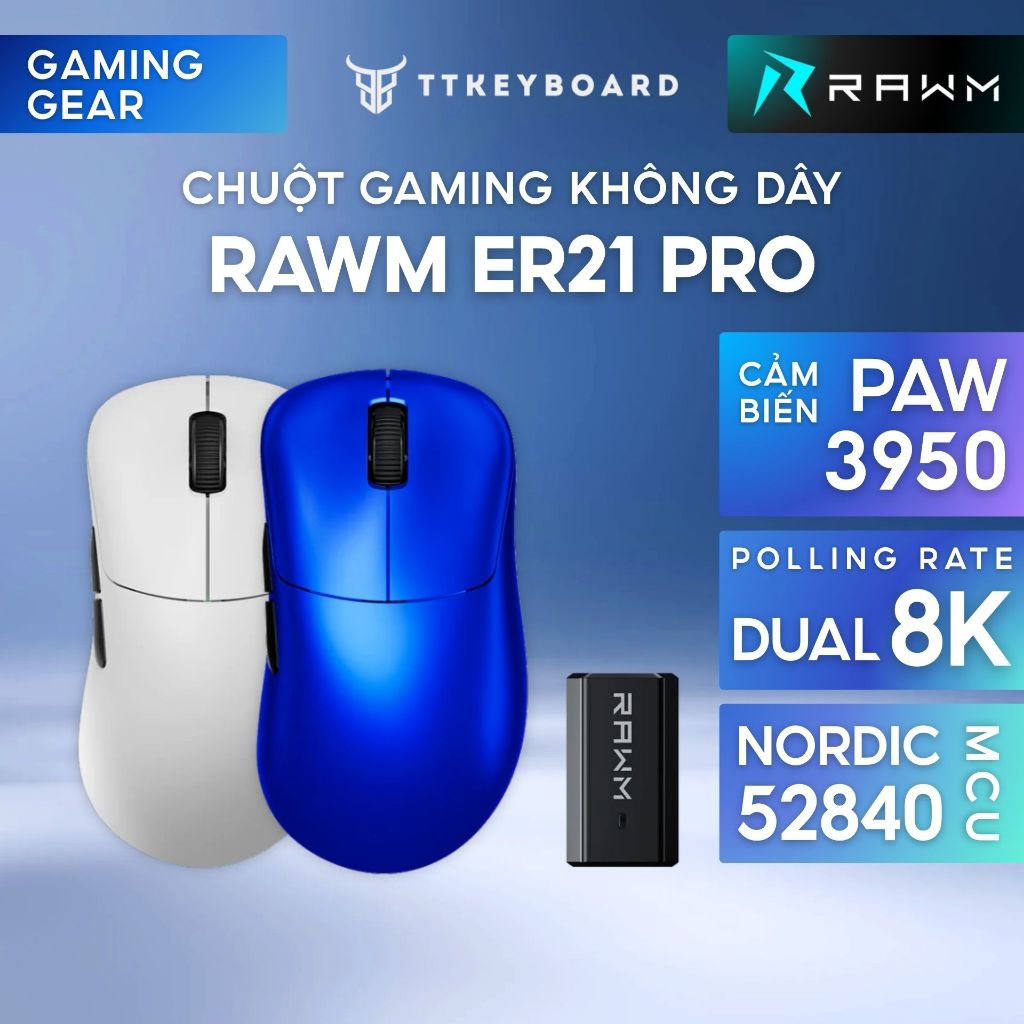 Chuột Gaming Không Dây RAWM ER21 Pro, Paw 3950, Dual 8K Rate, MCU Nordic 52840