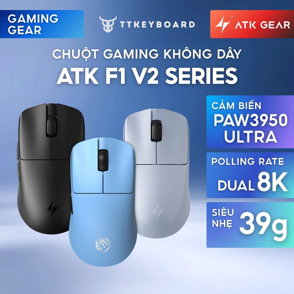 Chuột Gaming Không Dây ATK F1 V2 Series Siêu Nhẹ 38G PAW3950 Ultra Nordic 54H20 Rate 8K