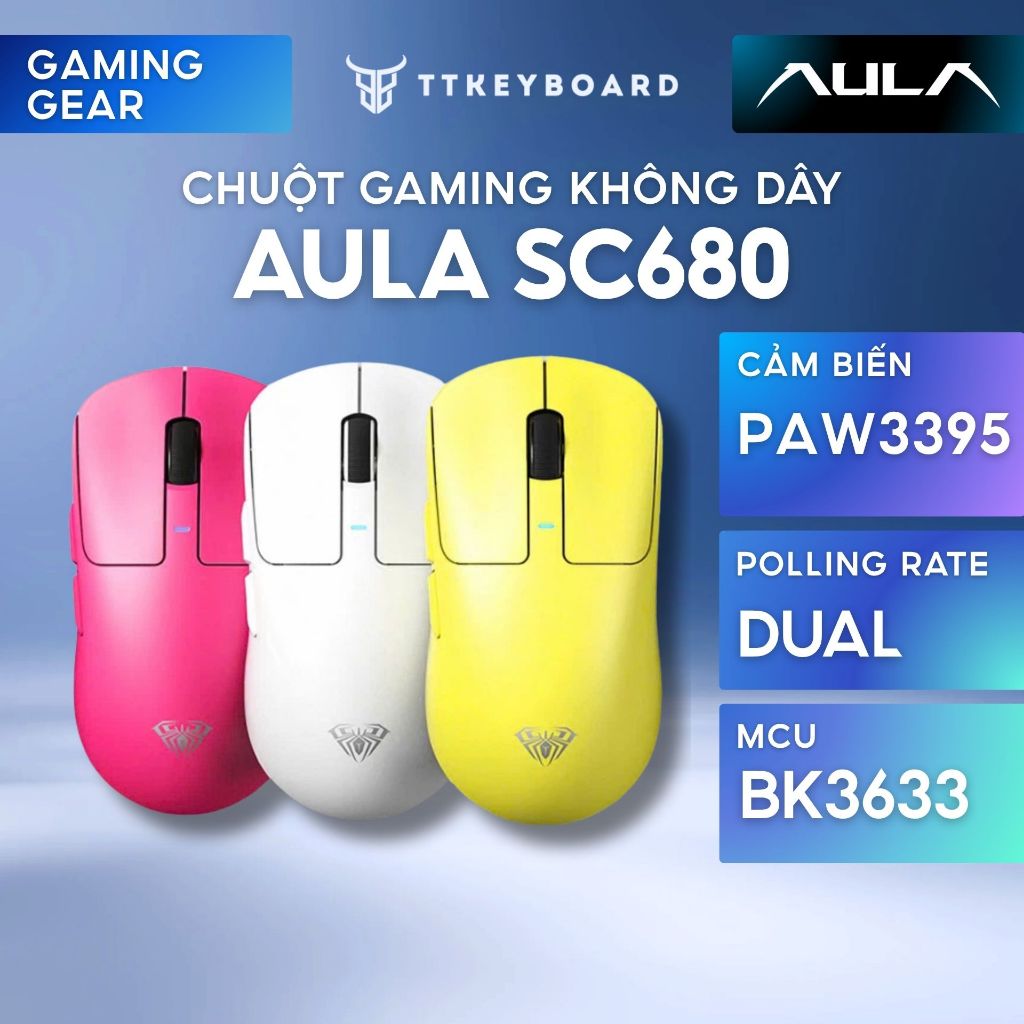 Chuột Gaming Không Dây Aula SC680, 3 Mode Kết Nối, Dual 8K Polling rate, PAW3395, Hiệu Năng Esport