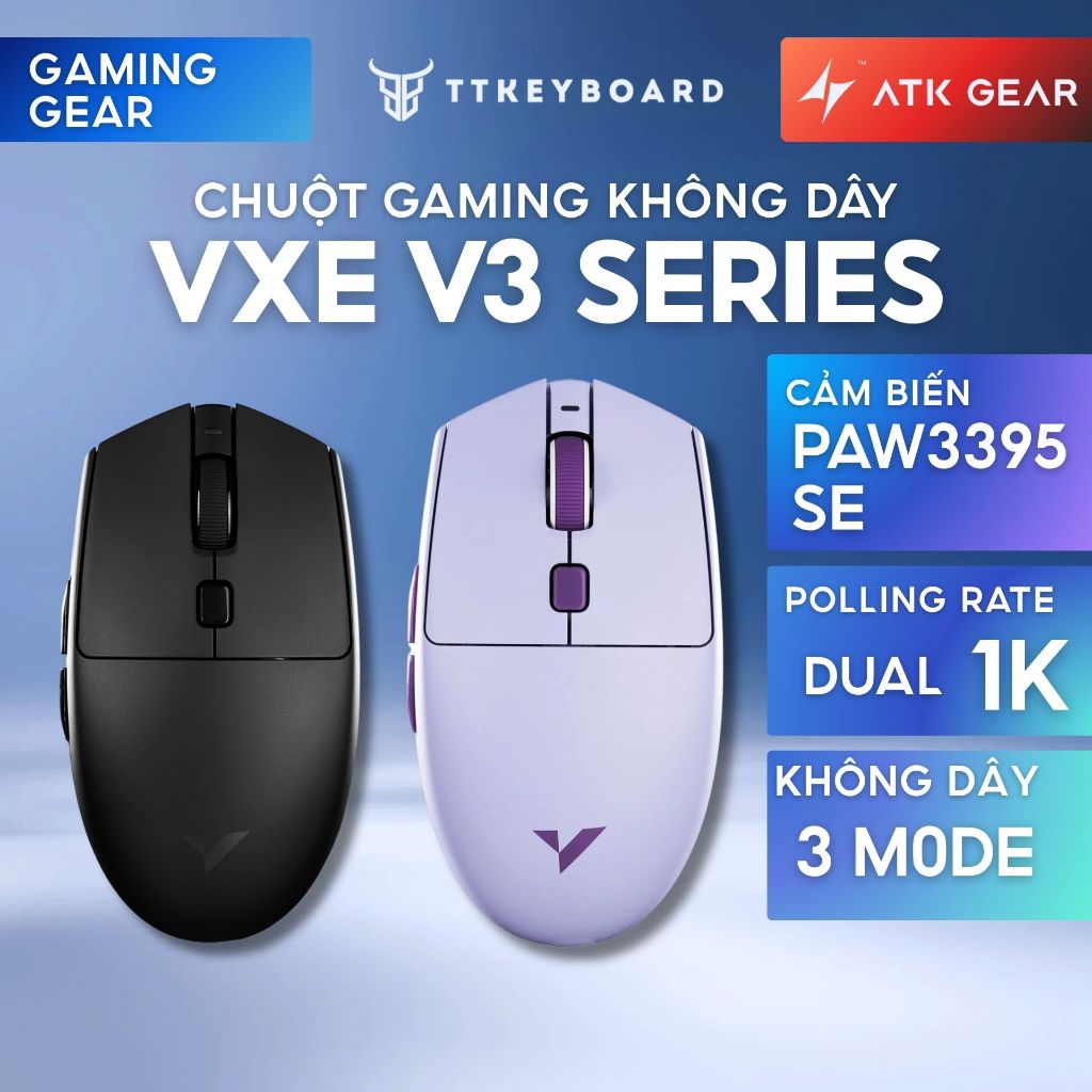Chuột ATK VXE V3 Gaming Không Dây 3 Mode Paw3395SE Dual 1K Shape G304 Lớp Phủ Ecoat