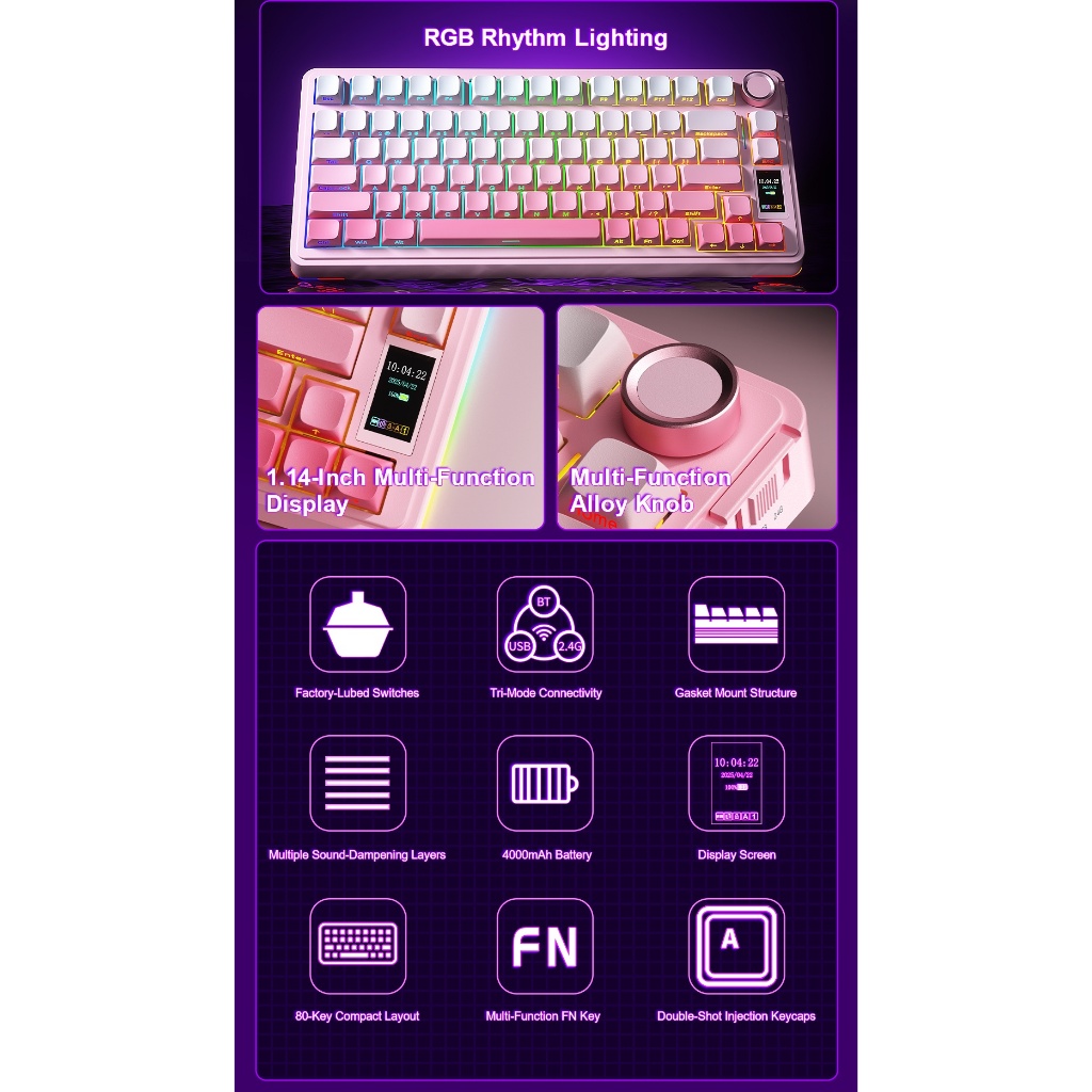 Bàn Phím Cơ Không Dây Aula S75 Pro - Có Màn Led Tùy Chỉnh - Led RGB Xuôi - 3 Mode Kết Nối Tiện Lợi