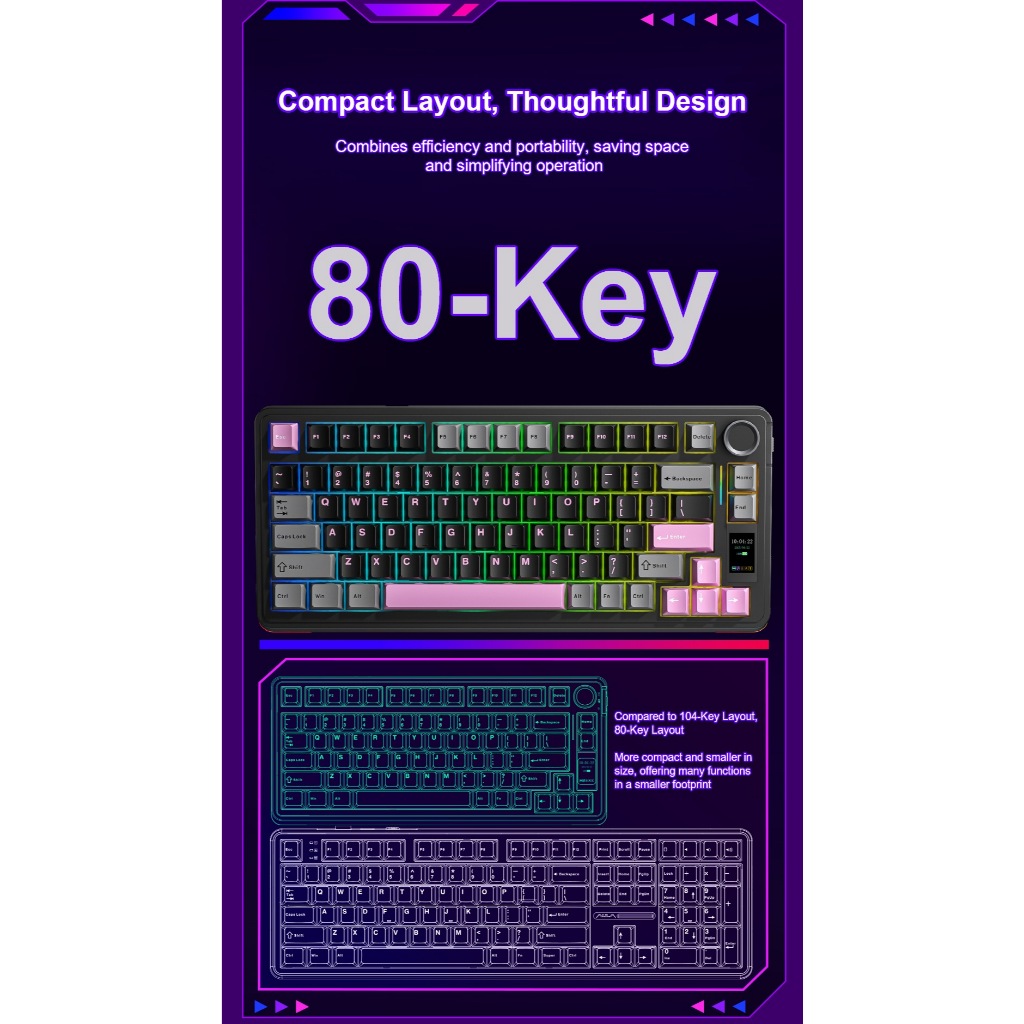 Bàn Phím Cơ Không Dây Aula S75 Pro - Có Màn Led Tùy Chỉnh - Led RGB Xuôi - 3 Mode Kết Nối Tiện Lợi