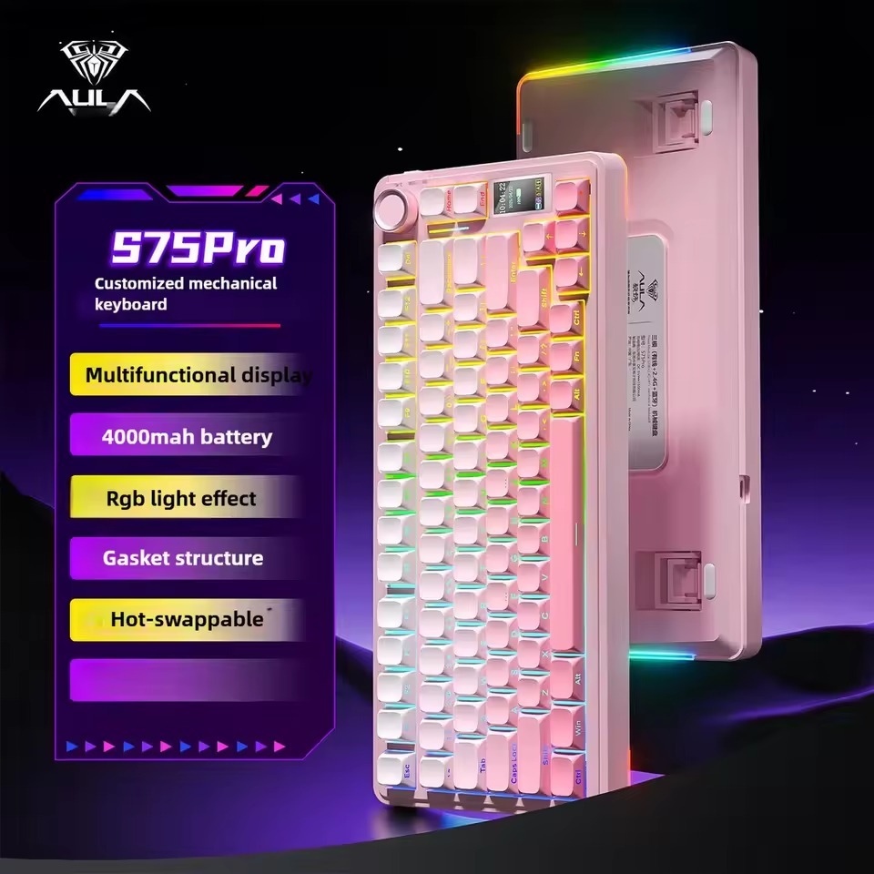 Bàn Phím Cơ Không Dây Aula S75 Pro - Có Màn Led Tùy Chỉnh - Led RGB Xuôi - 3 Mode Kết Nối Tiện Lợi
