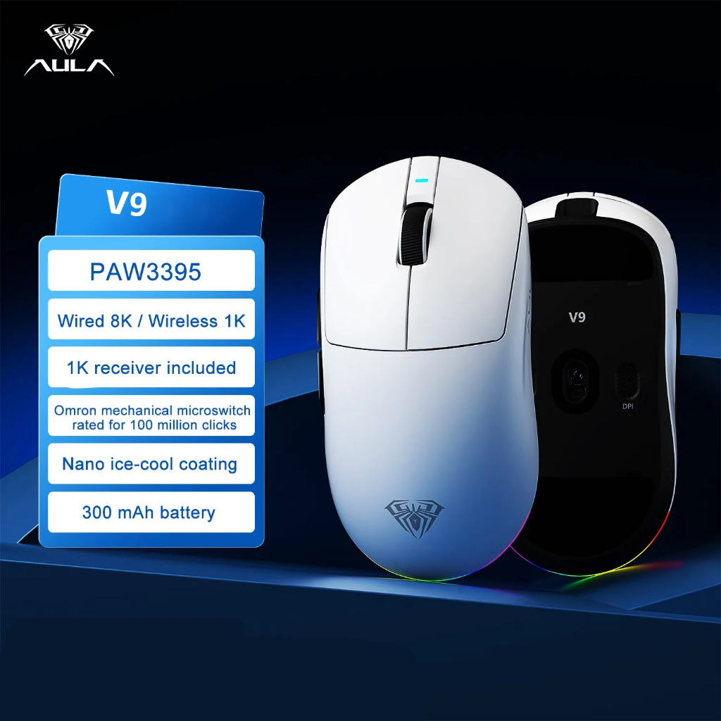 Chuột Gaming Không Dây Aula V9 Series - 3 Mode Kết Nối - PAW3950 - 8K Polling rate - Đèn Nền RGB