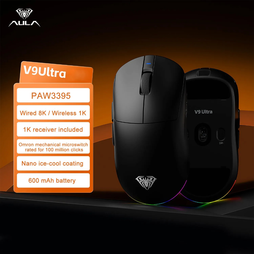 Chuột Gaming Không Dây Aula V9 Series - 3 Mode Kết Nối - PAW3950 - 8K Polling rate - Đèn Nền RGB