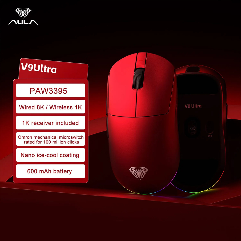 Chuột Gaming Không Dây Aula V9 Series - 3 Mode Kết Nối - PAW3950 - 8K Polling rate - Đèn Nền RGB