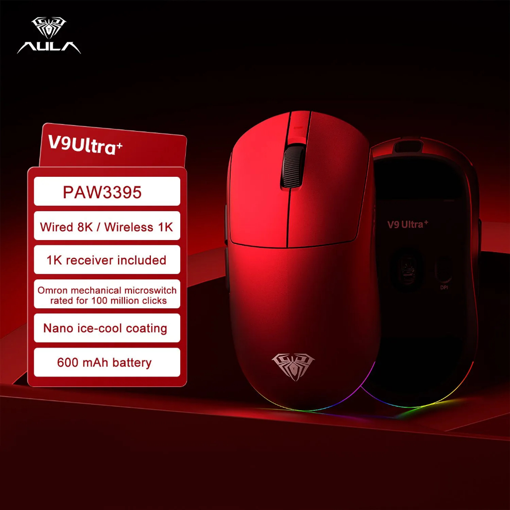 Chuột Gaming Không Dây Aula V9 Series - 3 Mode Kết Nối - PAW3950 - 8K Polling rate - Đèn Nền RGB