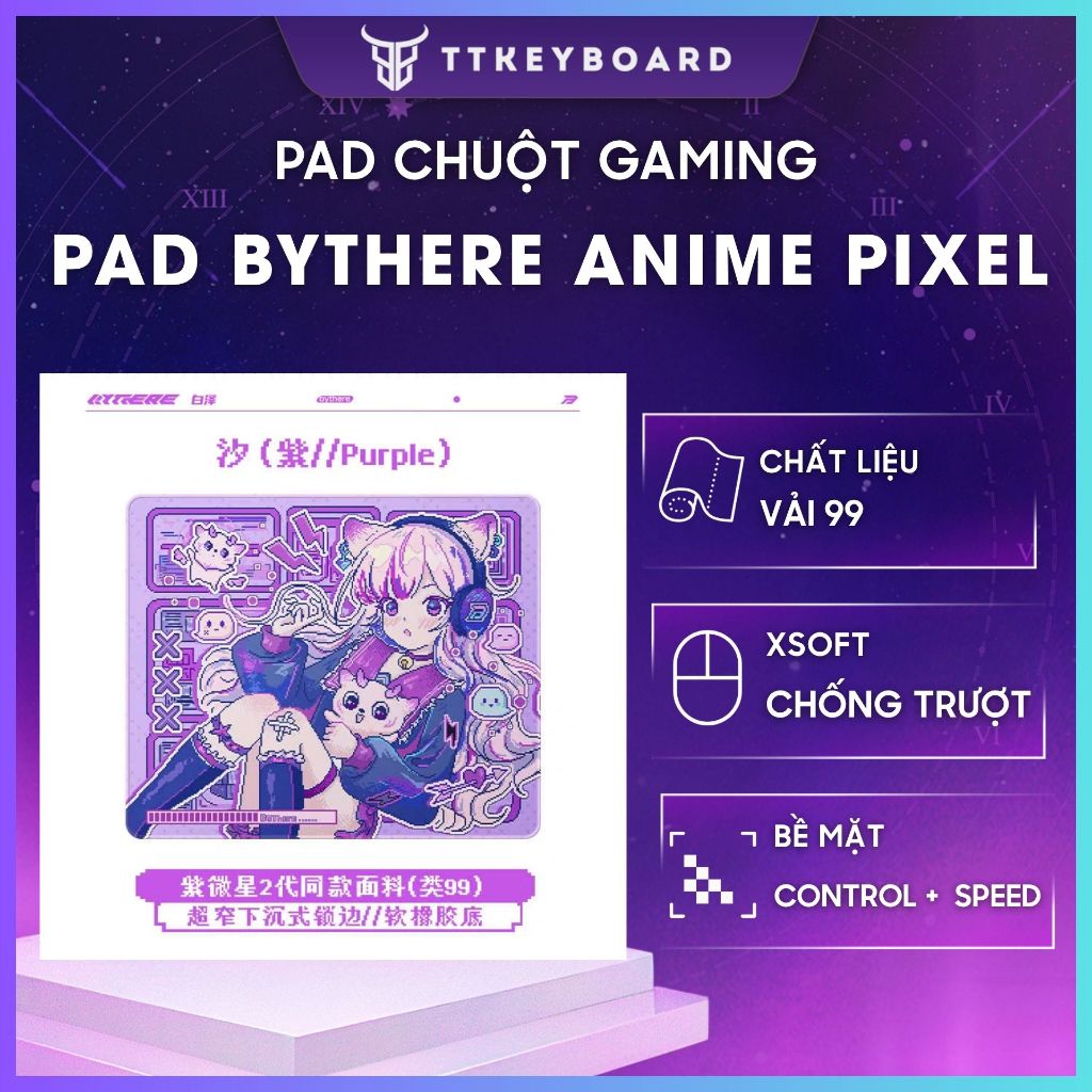 Pad Chuột Gaming Bythere Anime Pixel Vải 99 Bề Mặt Cân Bằng Control Speed Đế XSOFT Chống Trượt