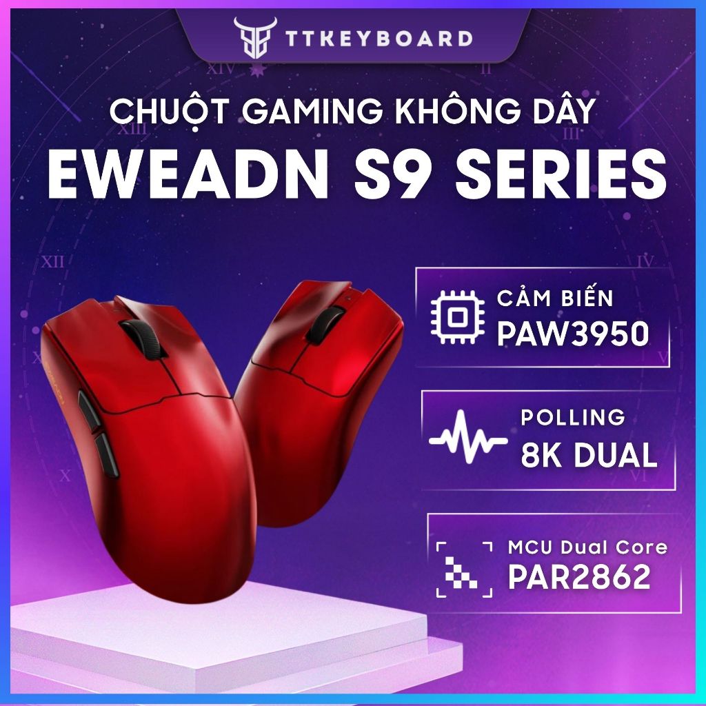Chuột Gaming Không Dây EWEADN S9, Hiệu Năng Cao, 8K Polling Rate, MCU Dual Core, PAW3950 Flag Ship