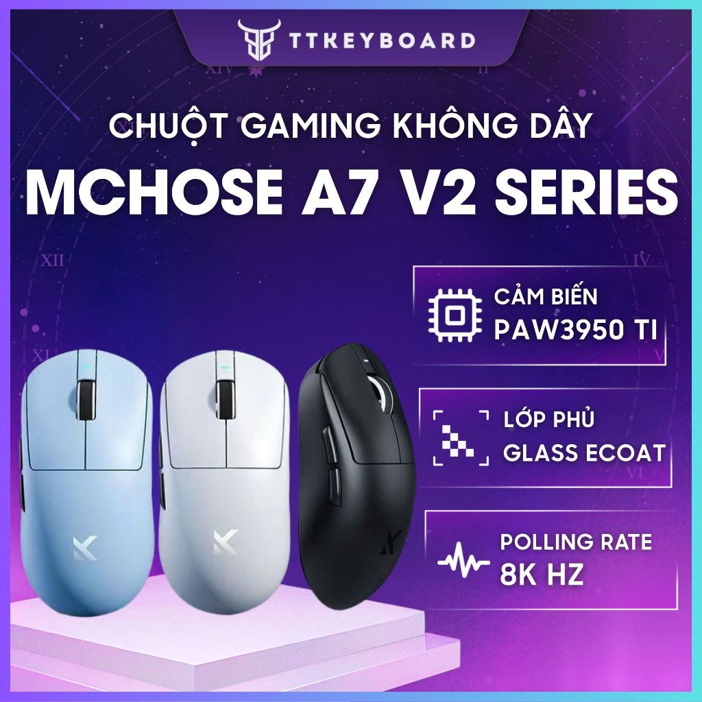 Chuột Gaming Không Dây Mchose A7 V2 Series Cảm Biến PAW 3950TI Dual 8K Polling Rate