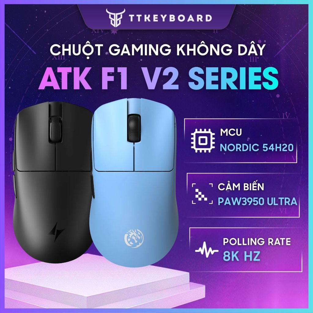 Chuột Gaming Không Dây ATK F1 V2 Series Siêu Nhẹ 38G PAW3950 Ultra Nordic 54H20 Rate 8K