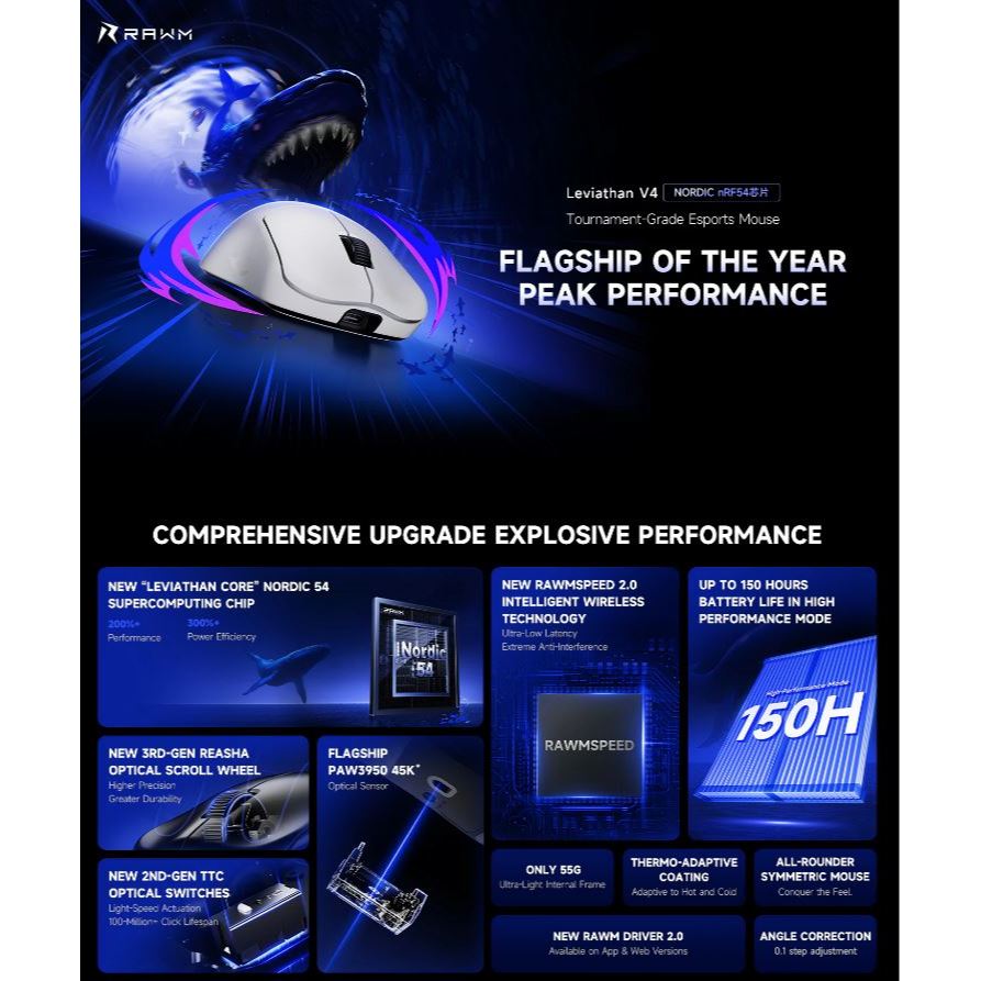 Chuột Gaming Không Dây RAWM Leviathan V4, Dual 8K Rate, MCU Nordic nRF54L15, DPI 45000