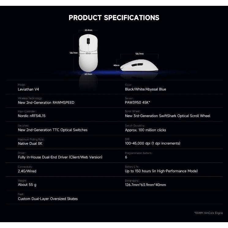 Chuột Gaming Không Dây RAWM Leviathan V4, Dual 8K Rate, MCU Nordic nRF54L15, DPI 45000