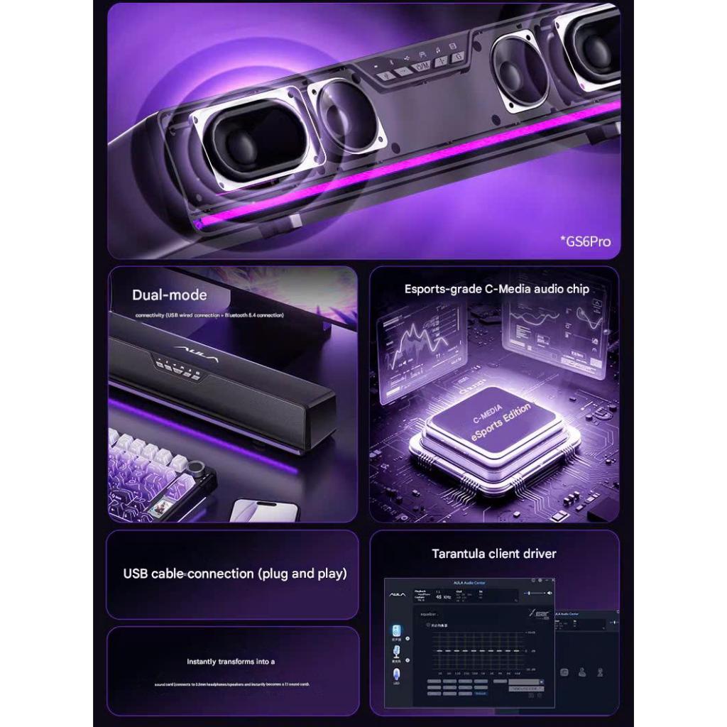 Loa Audio Soundbar Esport Gaming AULA GS6 ÂM Vòm 7.1 Có Bluetooth Míc Thoại AI Chống Ồn