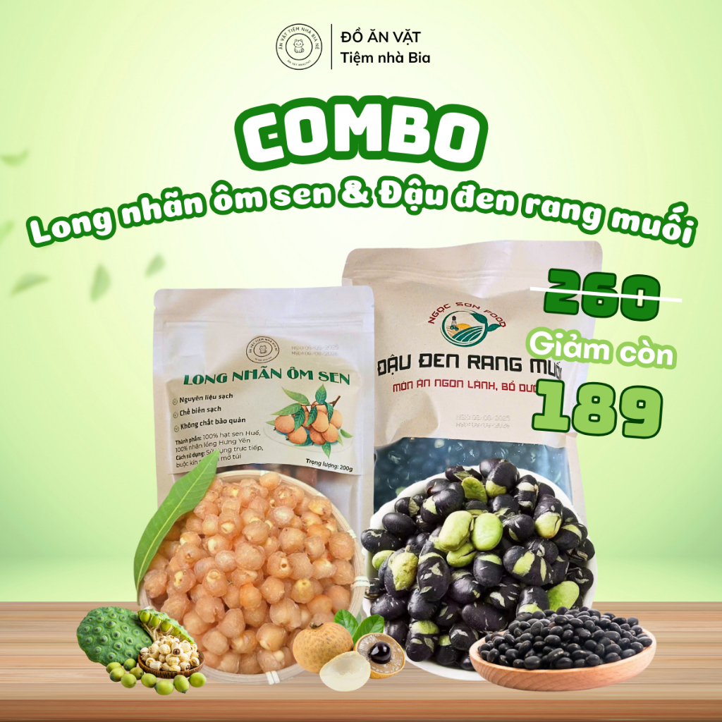COMBO 2 MÓN: LONG NHÃN ÔM SEN 200G + ĐẬU ĐEN RANG MUỐI 500G - ĂN VẶT BAO MÊ - Tiệm Nhà Bia
