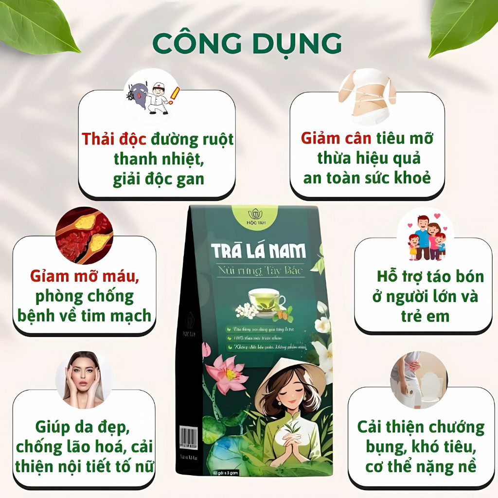 Trà lá nam 10 vị chính hãng detox giảm cân thải độc gan an toàn hiệu quả, hộp 60 gói