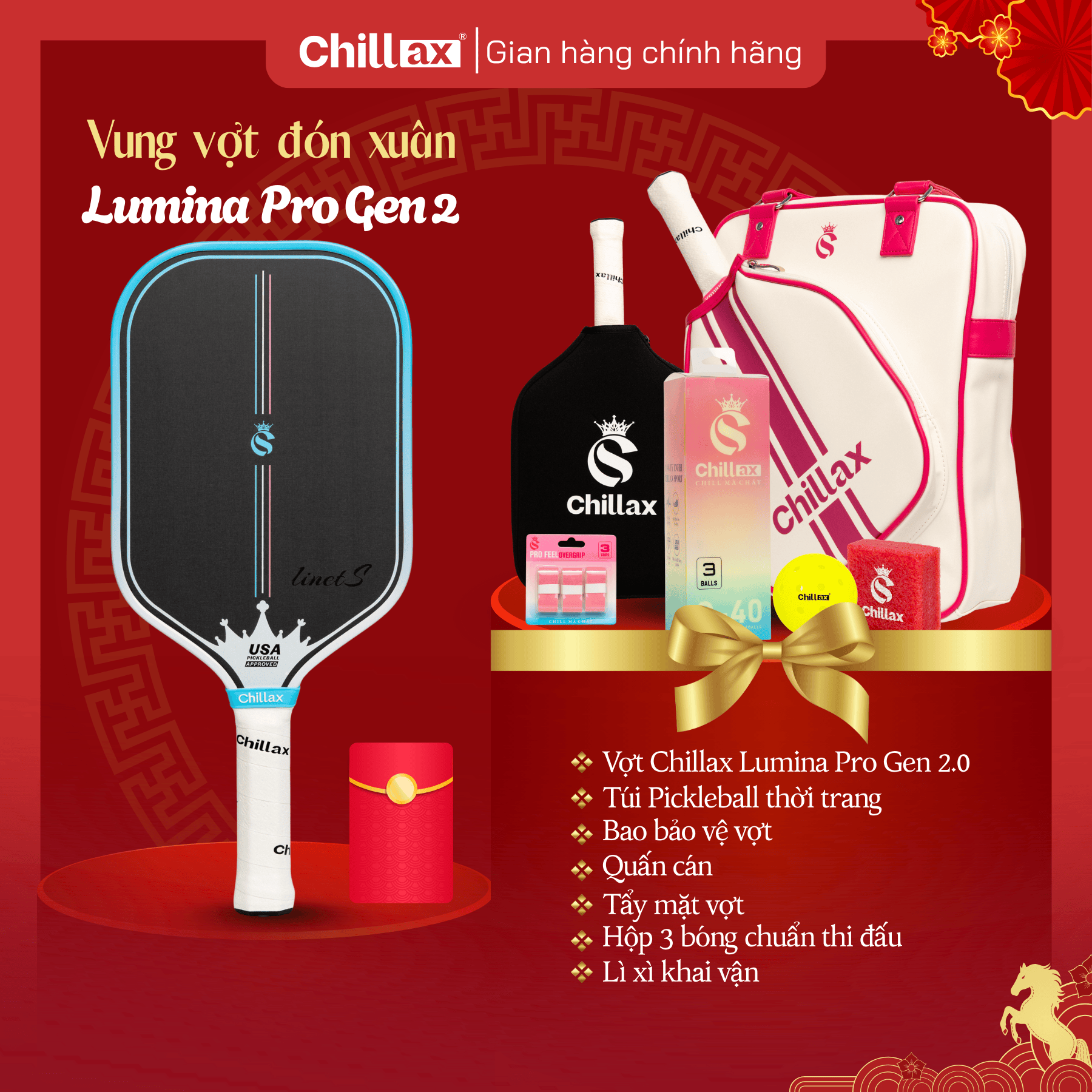 [COMBO TẾT 2026 - Mua 1 Tặng 5] Vợt Pickleball CHILLAX Lumina Tặng Full Phụ Kiện Chillax Chính Hãng Kèm Lì Xì Khai Vận