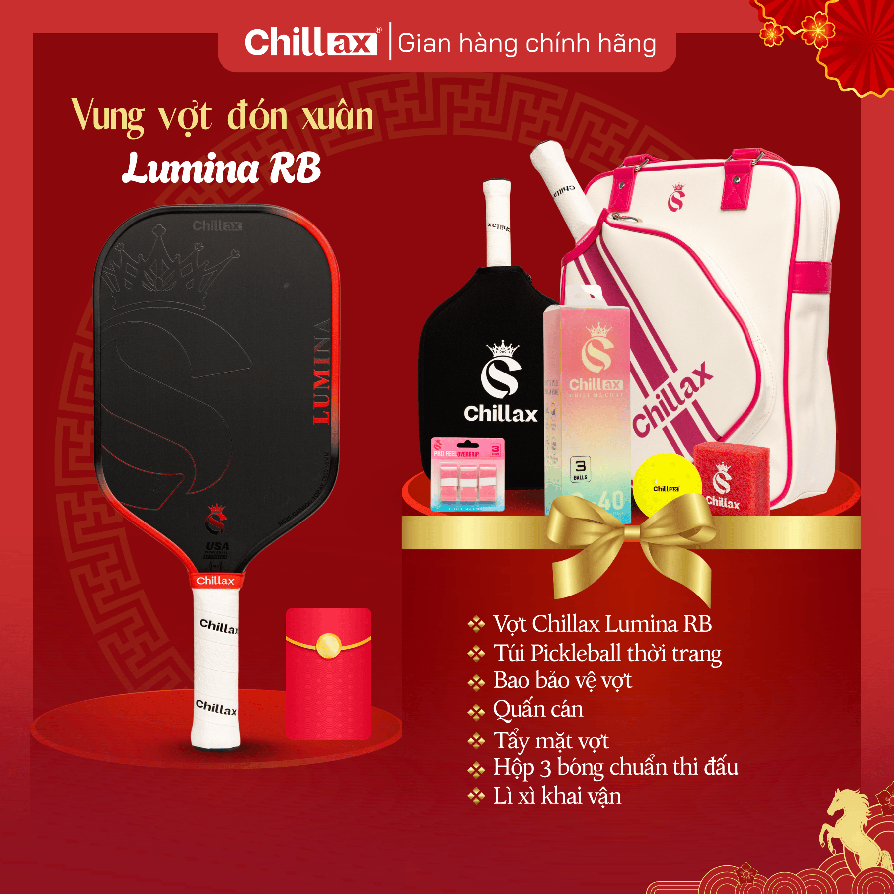 [COMBO TẾT 2026 - Mua 1 Tặng 5] Vợt Pickleball CHILLAX Lumina Tặng Full Phụ Kiện Chillax Chính Hãng Kèm Lì Xì Khai Vận
