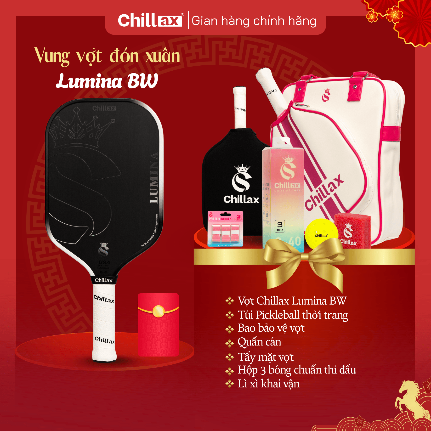 [COMBO TẾT 2026 - Mua 1 Tặng 5] Vợt Pickleball CHILLAX Lumina Tặng Full Phụ Kiện Chillax Chính Hãng Kèm Lì Xì Khai Vận