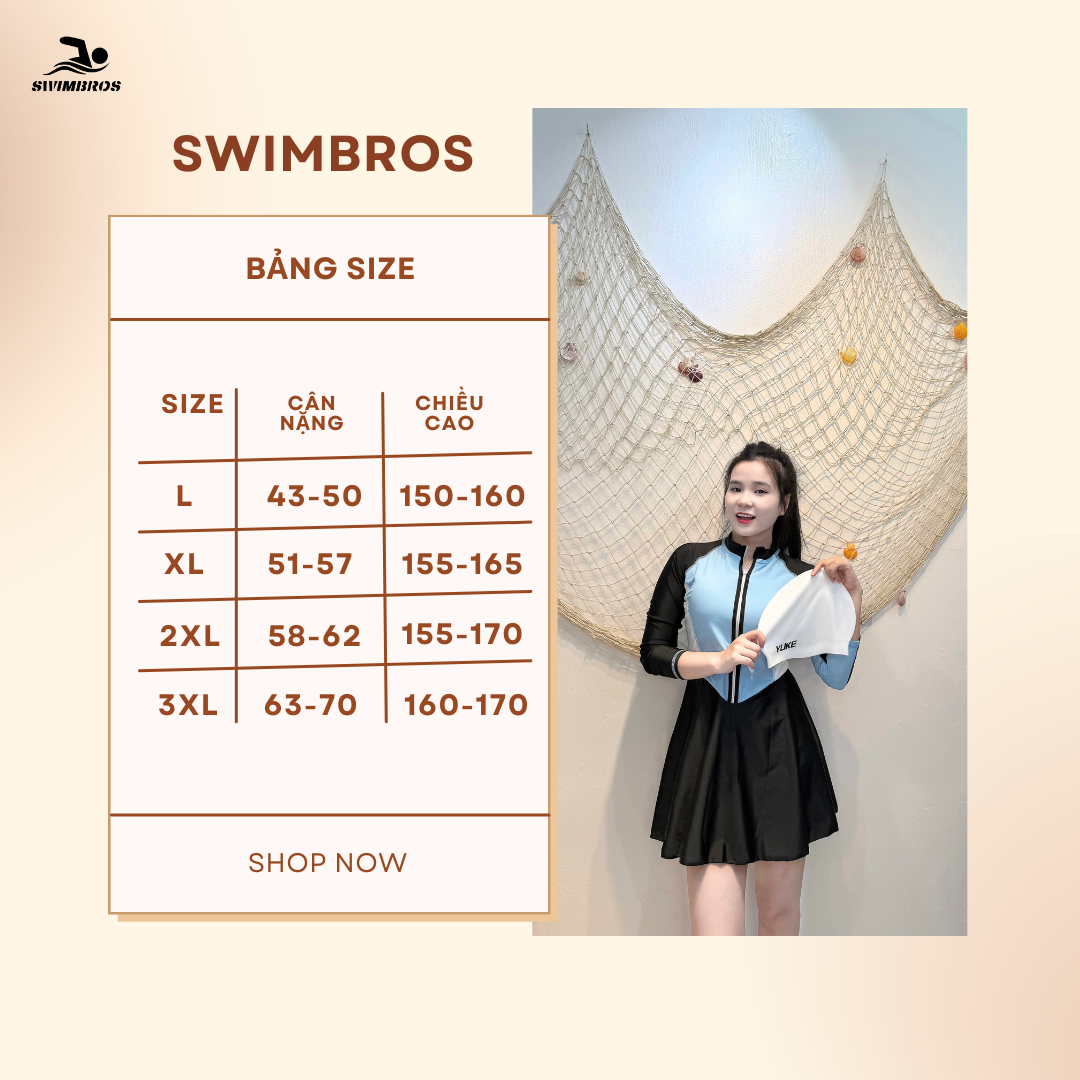 Bảng Size Bộ Đồ Bơi Nữ Tay Dài Kiểu Váy SwimBros S23 – Chống Nắng, Che Khuyết Điểm