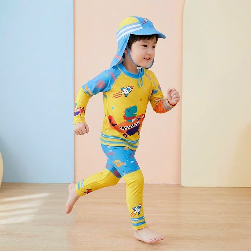T88 - Set Bơi Tay Dài Quần Dài Kèm Nón Che Gáy Bé Trai image 3