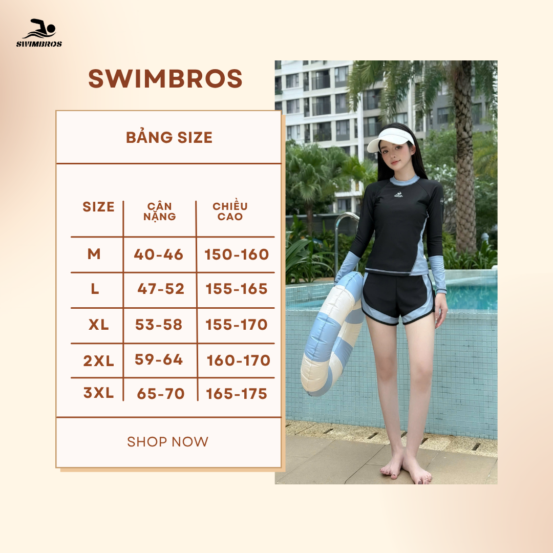 Bảng Size S31 Bộ Đồ Bơi Nữ Thể Thao Swimbros - Áo Dài Tay Chống Nắng Phối Quần Đùi Kép Xanh Đen