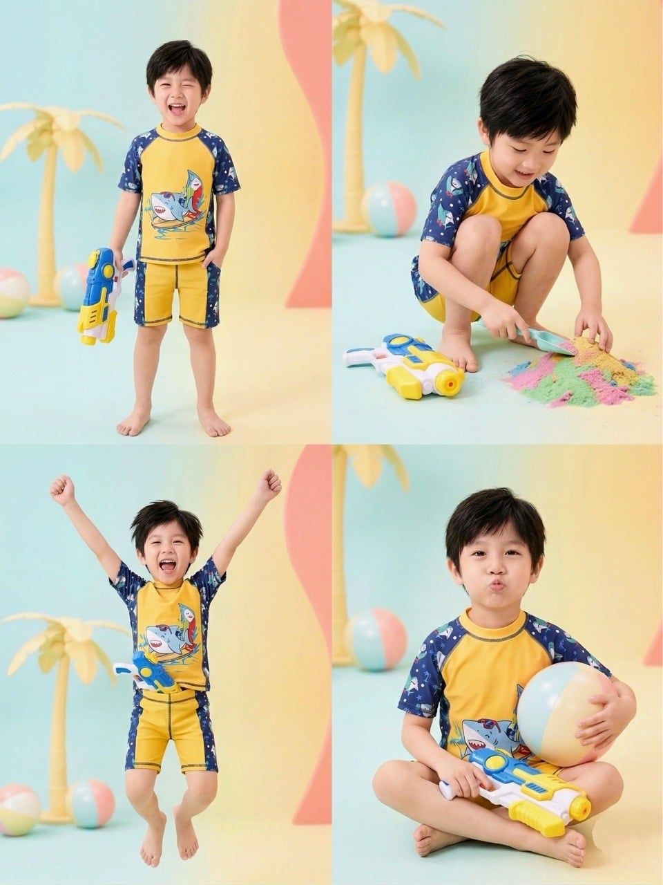 T32 set bơi bé trai tay ngắn quần đùi cá mập vàng image 1