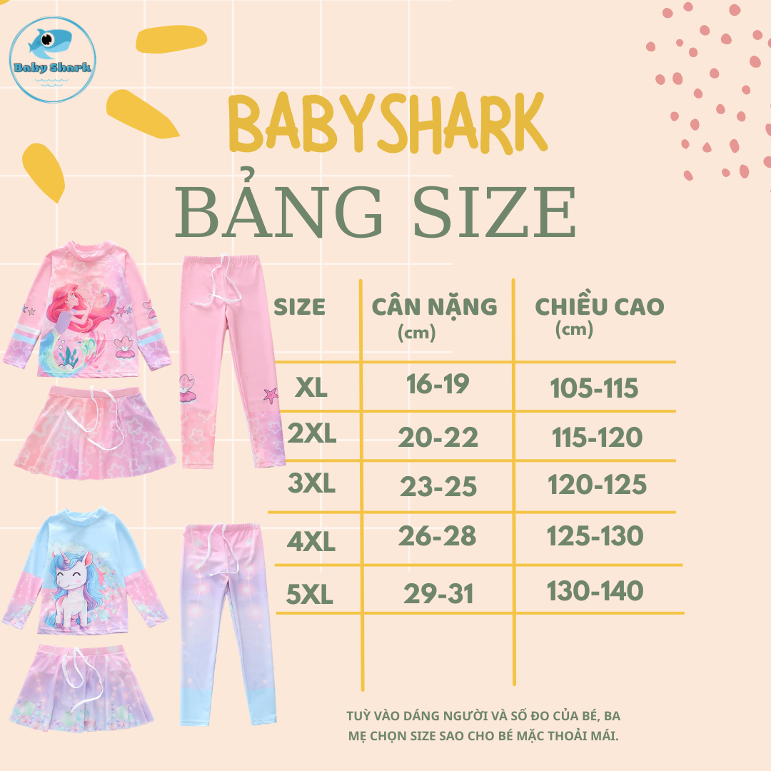 Bảng Size G105 - Set Bơi Tay Dài Quần Dài Kèm Váy 3 Chi Tiết Bé Gái