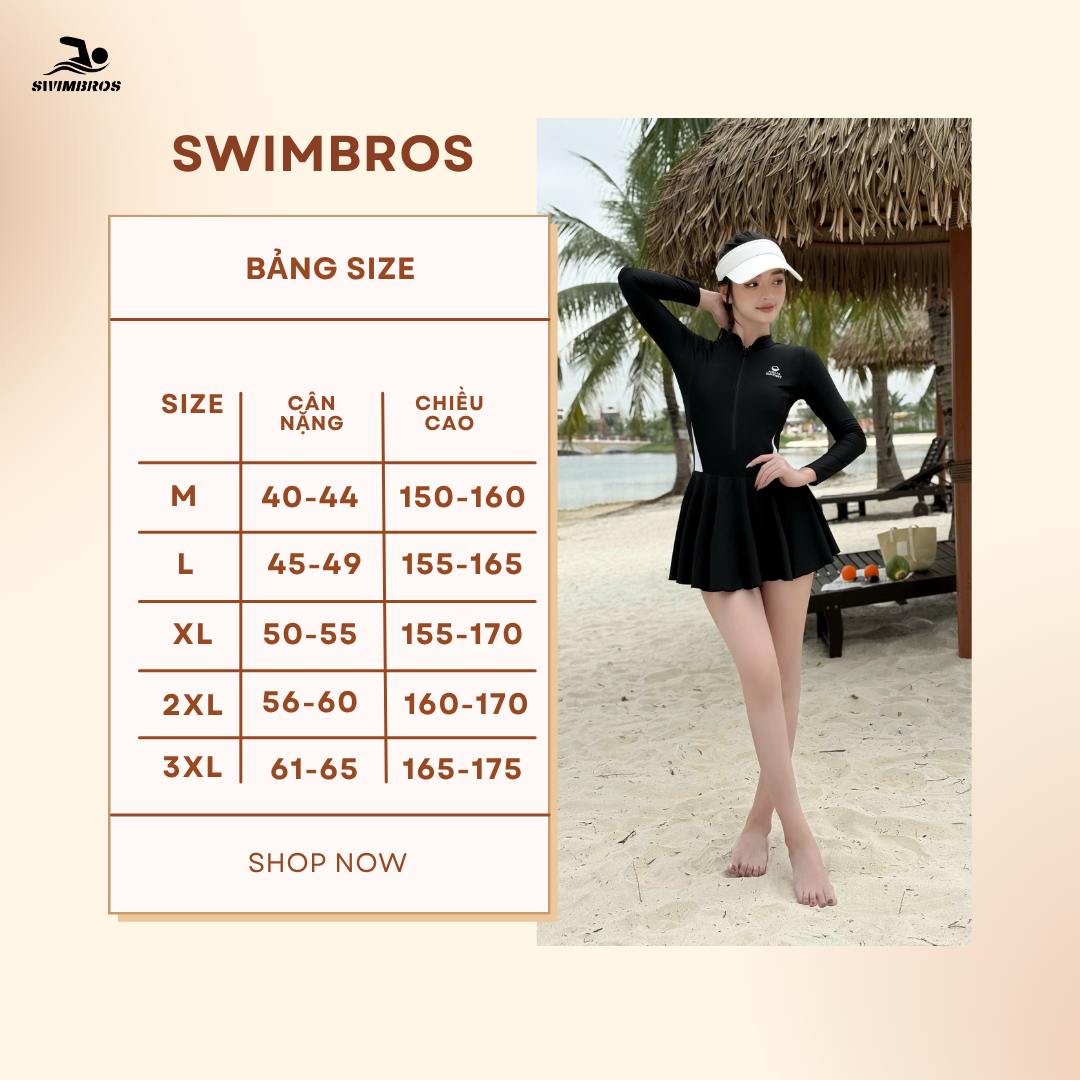 Bảng Size S36 Váy Bơi Thể Thao Nữ Swimbros Dài Tay - Có Khóa Zip Kháng Tia UV Tôn Dáng