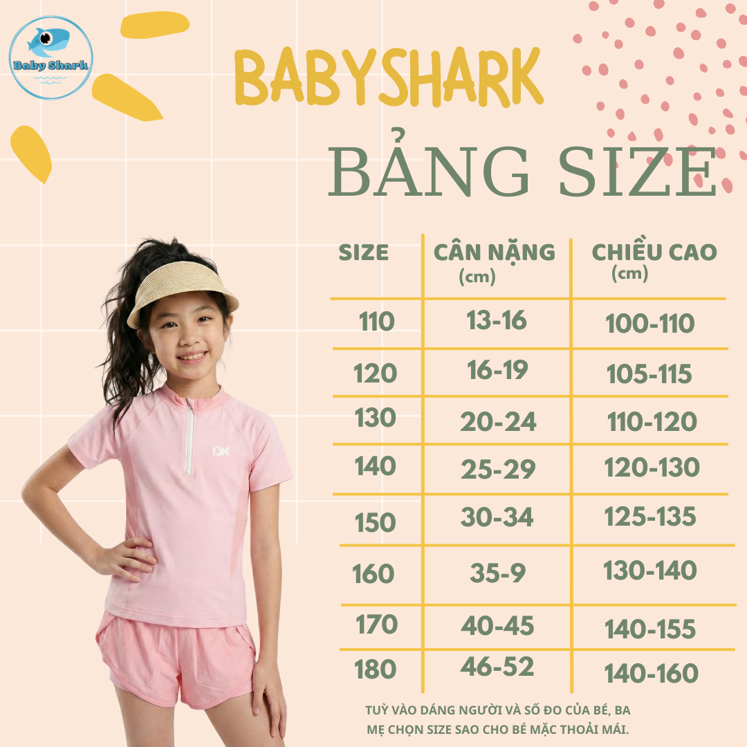 Bảng Size G75 - Set Bơi Tay Ngắn Quần Đùi 2 Lớp Bé Gái