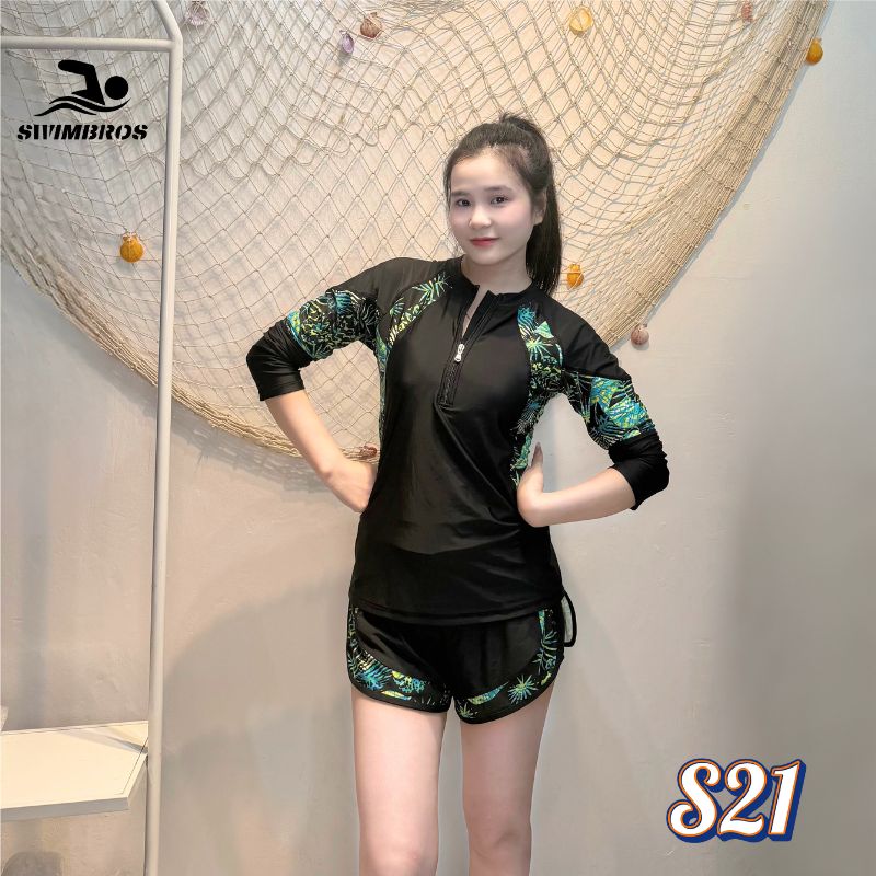Bộ Đồ Bơi Nữ Tay Dài Quần Đùi SwimBros S21 – Chống Nắng, Kín Đáo image 1