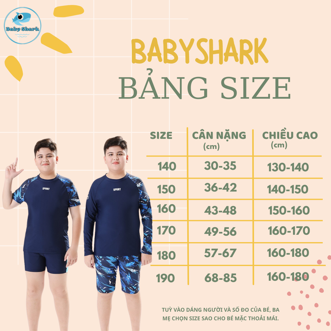 Bảng Size BBS -T64 Set bơi bé trai tay dài - tay ngắn bé trai Sport 30kg -85kg