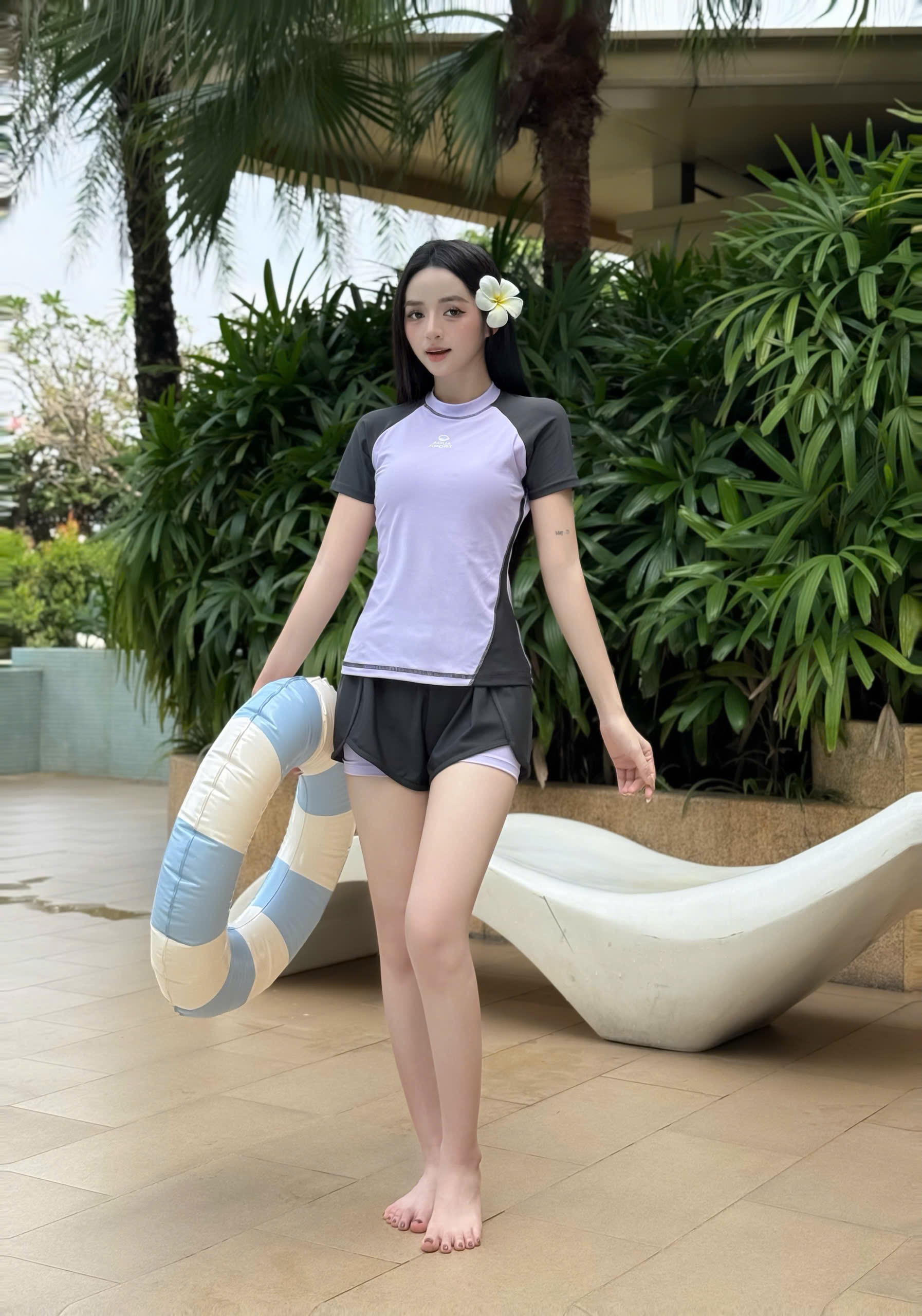 S32 Bộ Đồ Bơi Thể Thao Nữ - Áo Cộc Tay Phối Quần Đùi Kép Năng Động (Vàng/Xanh Đen) image 9