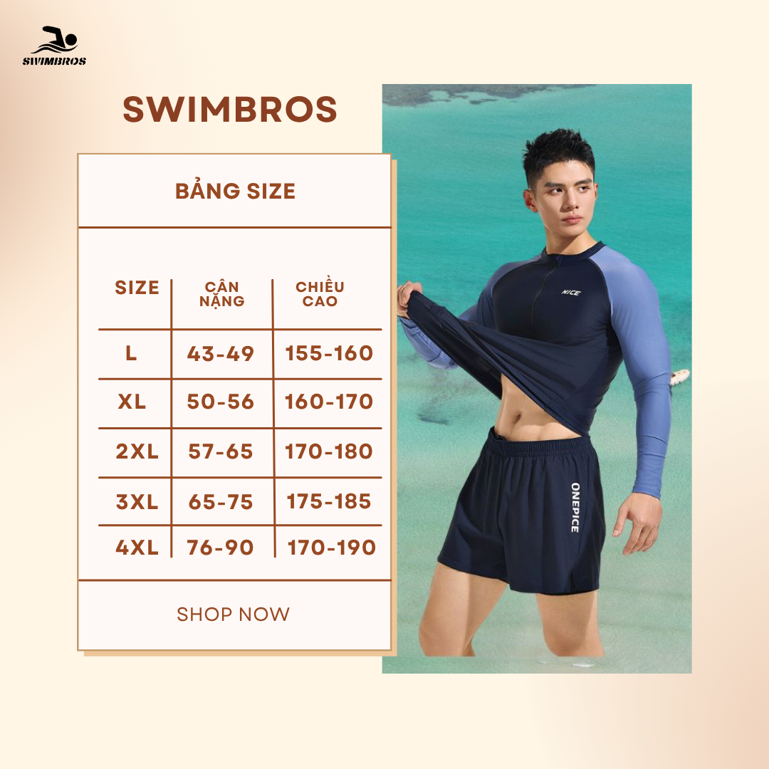 Bảng Size Set Đồ Bơi Nam Tay Dài SwimBros B7 – Chống Nắng, Co Giãn, Dáng Thể Thao