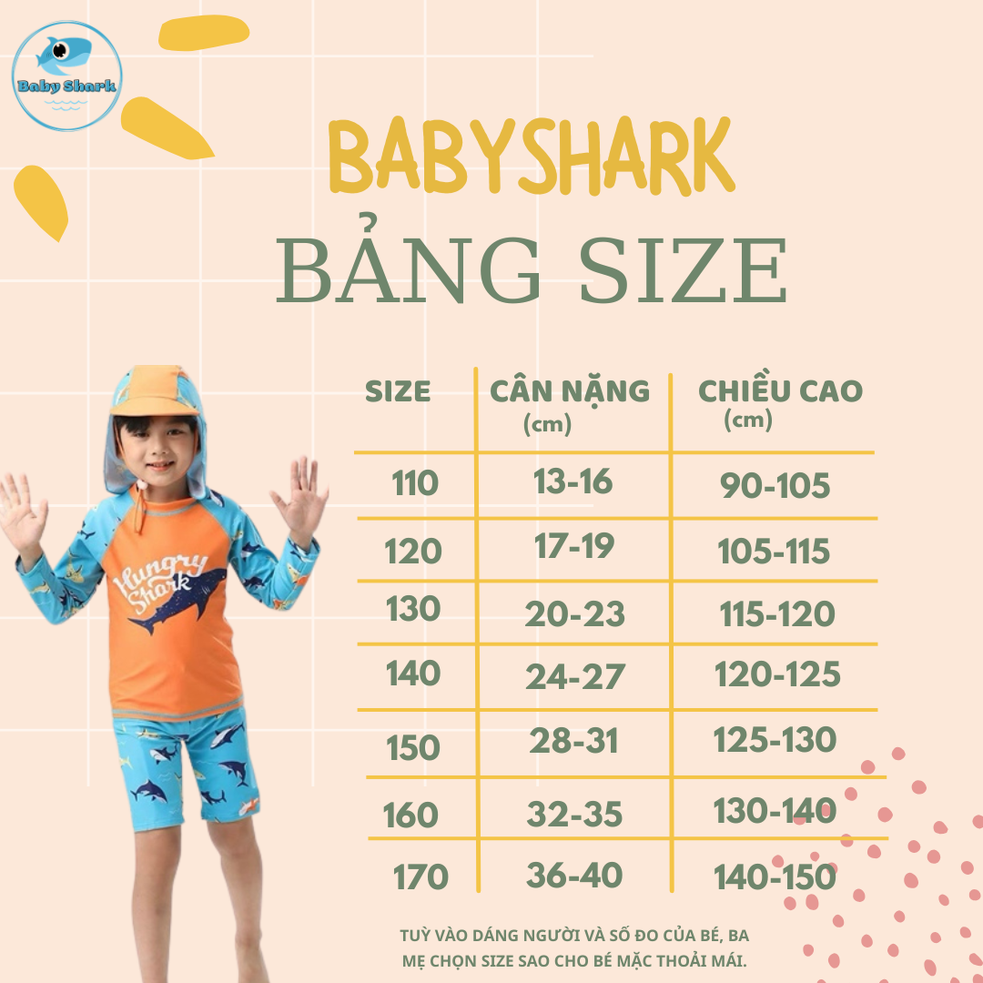Bảng Size T01 - Set bơi tay dài cá mập kèm nón che gáy bé trai