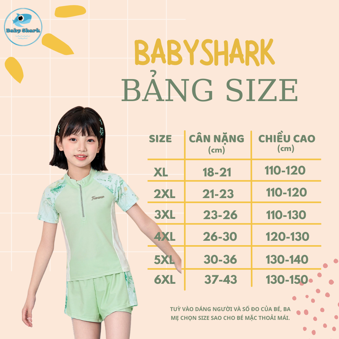 Bảng Size G101 - Bộ Đồ Bơi Thể Thao Bé Gái- Áo Tay Ngắn Kèm Quần Rời, Chất Thun Co Giãn