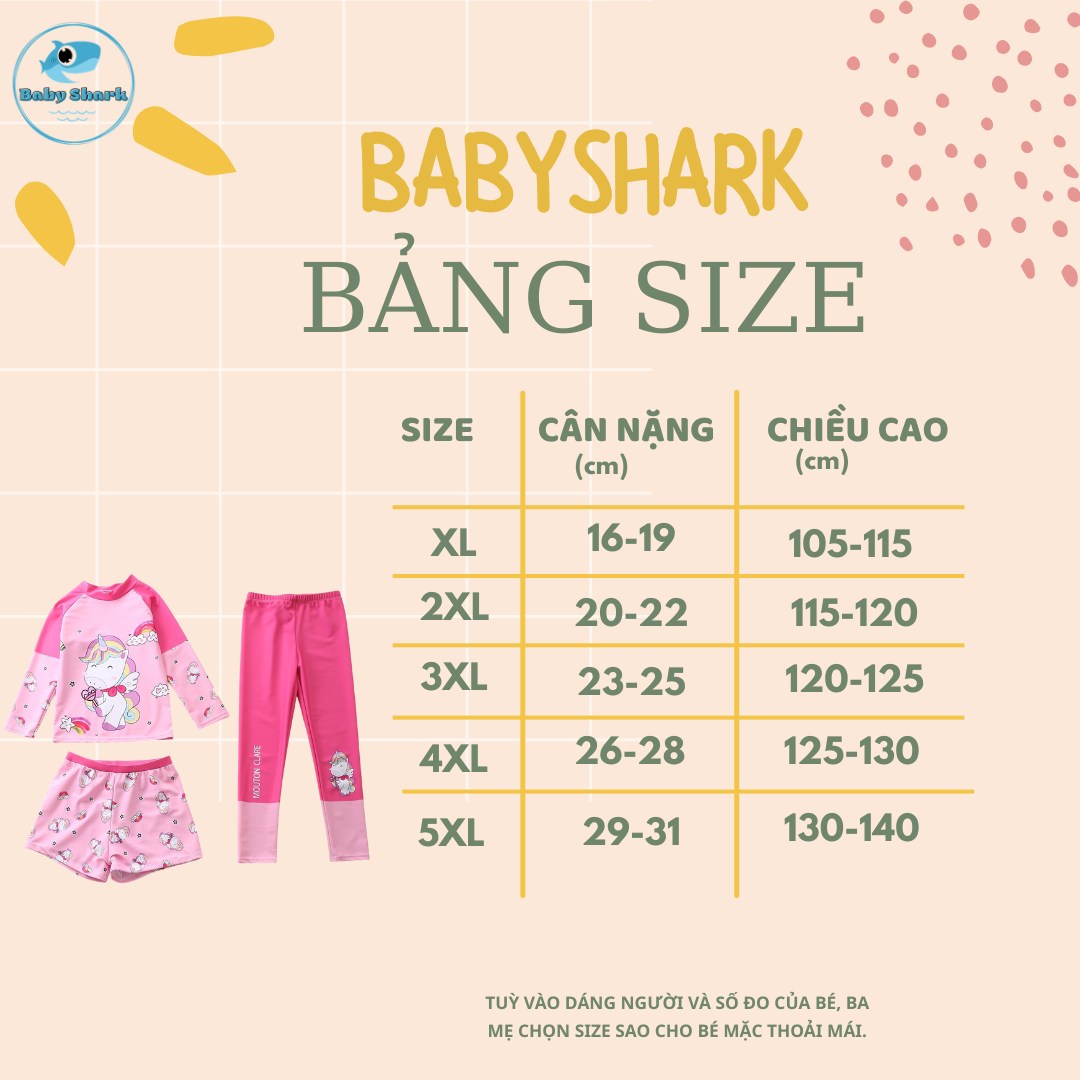 Bảng Size G65 - Set bơi Tay dài quần dài QCCC 3 chi tiết Bé gái Unicorn