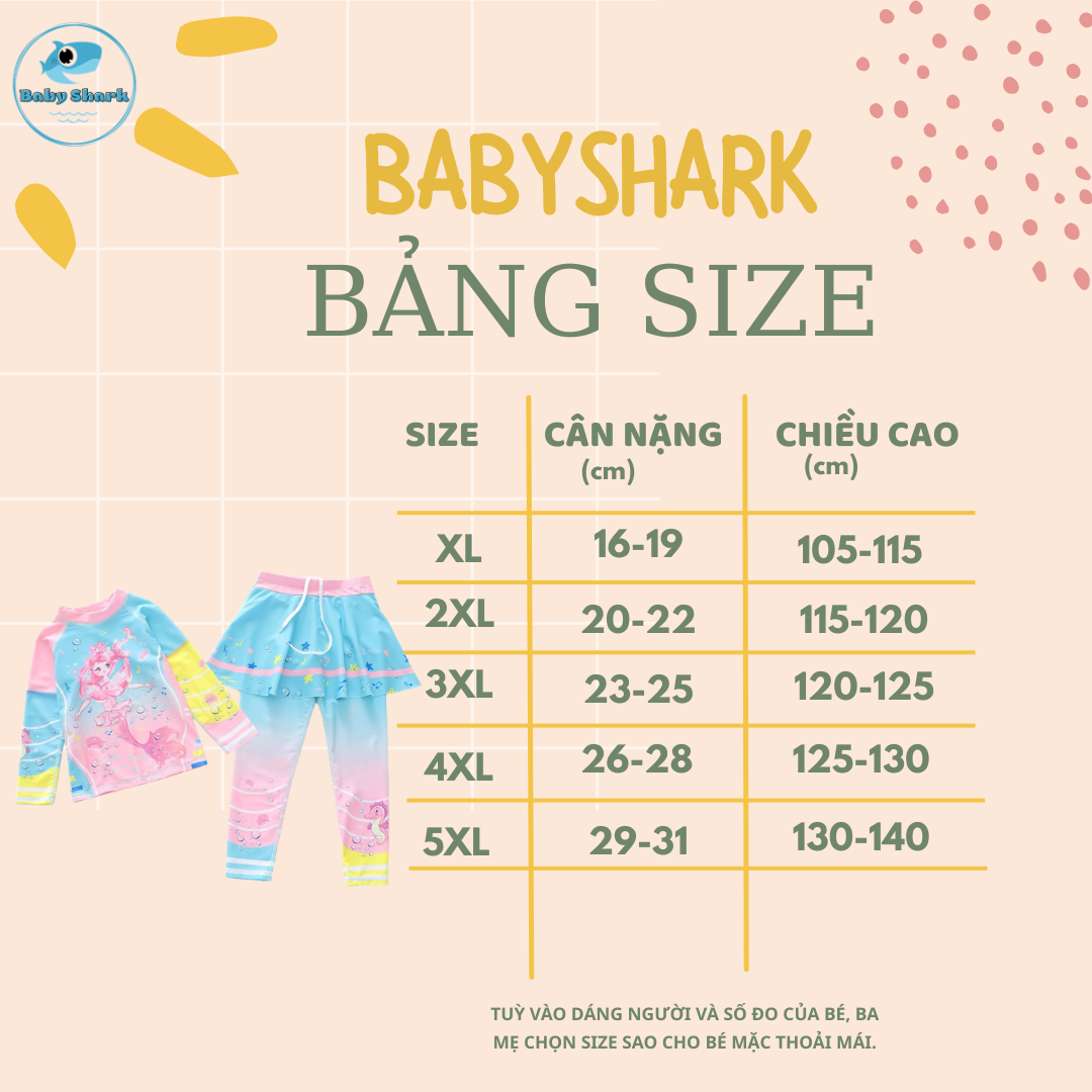 Bảng Size G33 - Set Bơi Tay Dài Quần Dài Váy Công Chúa Biển