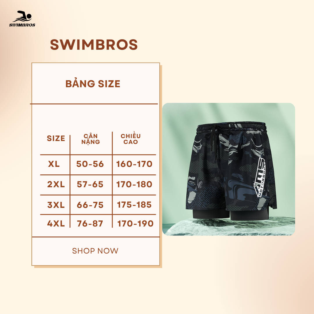 Bảng Size B12 - Quần bơi nam 2 lớp màu đen graffiti Swimbros