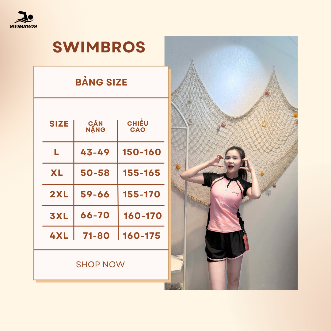 Bảng Size Bộ Đồ Bơi Nữ SwimBros S18 – Áo Cộc Tay, Quần Đùi 2 Lớp Kín Đáo