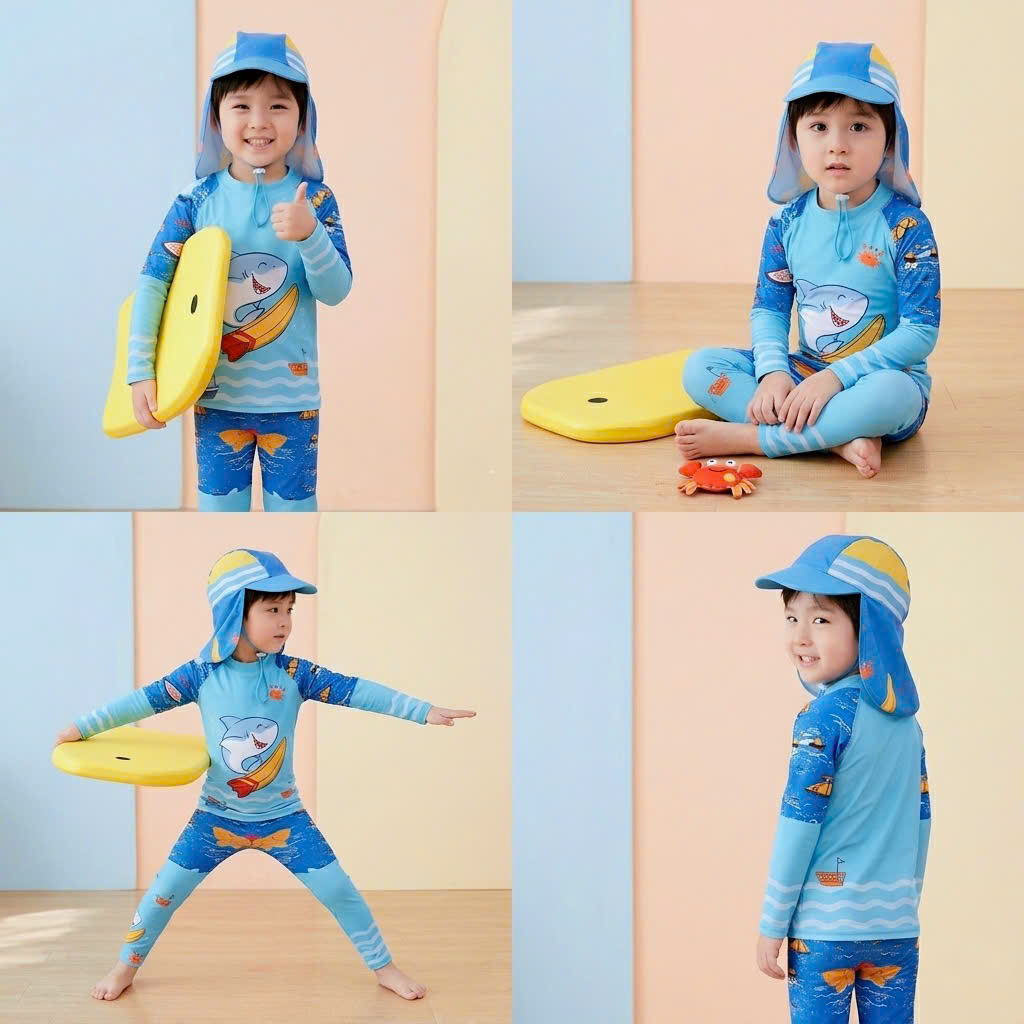 T88 - Set Bơi Tay Dài Quần Dài Kèm Nón Che Gáy Bé Trai image 4