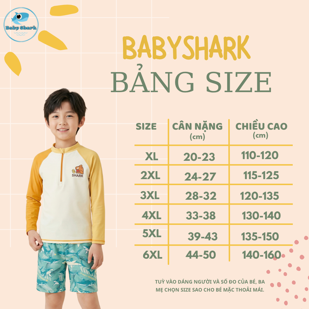 Bảng Size T22 - Set Bơi Tay Dài Quần Đùi Bé Trai Có Khoá Kéo