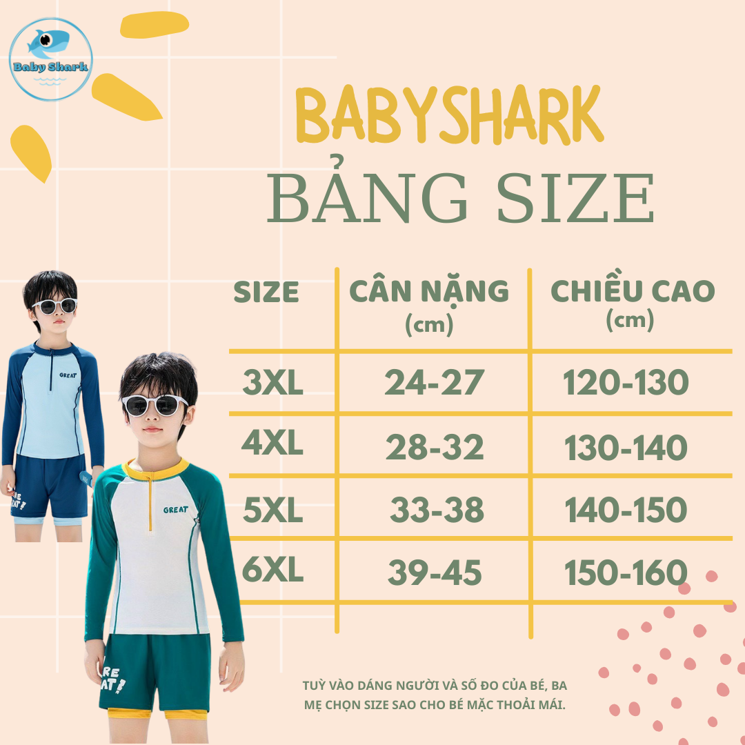 Bảng Size T14 - Set bơi bé trai tay dài quần short GREAT