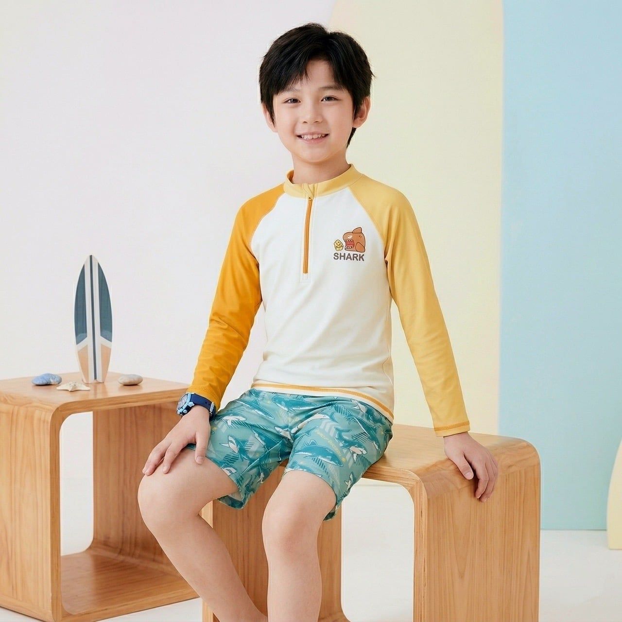 T22 - Set Bơi Tay Dài Quần Đùi Bé Trai Có Khoá Kéo image 3